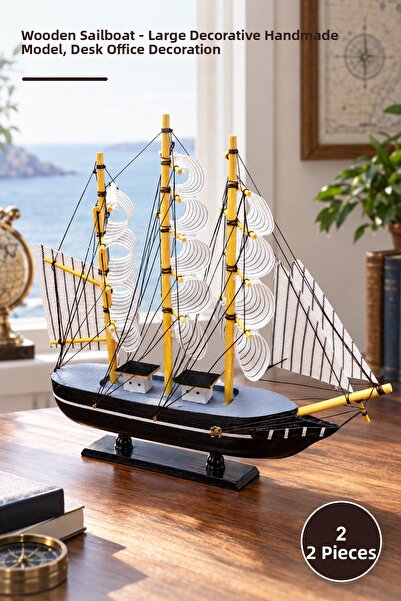 Yenilig 2 Pieces of Wooden Sailing Ship – Large Decorative Handmade Model, De...