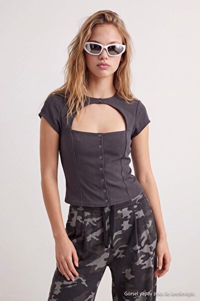 Trendyol Kollektion Anthrazitfarbene, schlichte, figurbetonte Strickbluse mit...