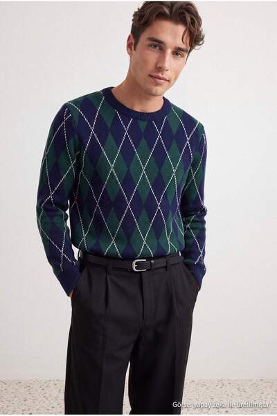 Trendyol Collection Navy Blue-Green Regular Fit Diamond Pattern Knitwear Swea...
