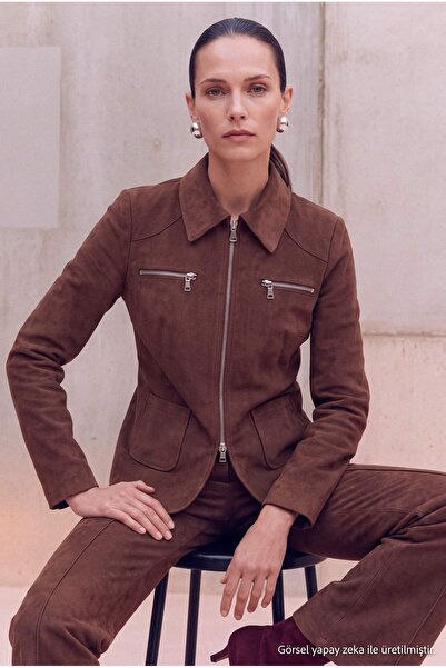 Trendyol Collection Trendyol Studio Brown Zippered Suede Blazer Jacket Twoaw2...