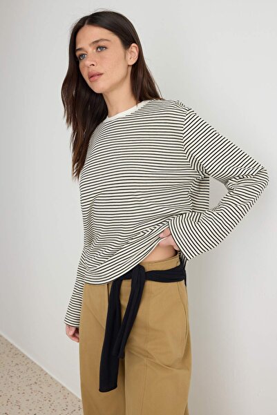 Trendyol Collection Tricou tricotat din bumbac, cu dungi ecru-albastru marin,...