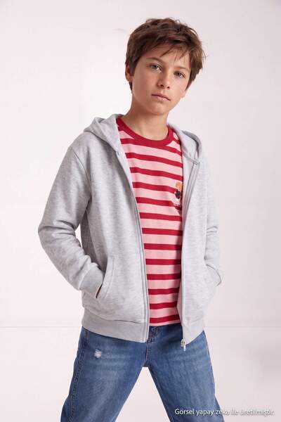 TRENDYOLKIDS Gray Melange Boy's Plain Knitted Hooded Sweatshirt Tkdaw27Sw00021