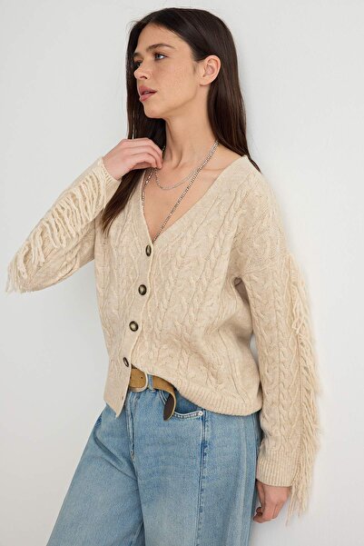 Trendyol Collection Beige Soft Textured Tassel Detailed Knitwear Cardigan Two...