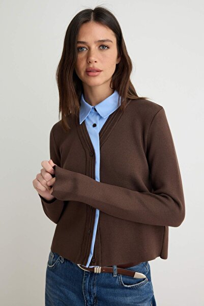 Trendyol Collection Brown Color Block Polo Collar Slim Knitwear Cardigan Twoa...
