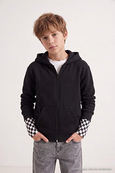 TRENDYOLKIDS Schwarzes, einfarbiges, gestricktes Kapuzen-Sweatshirt für Junge...