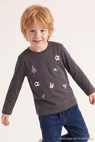 TRENDYOLKIDS Anthracite Boy's Printed Knitted T-Shirt Tkdaw27Ts00021