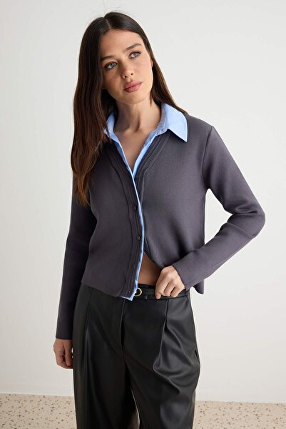 Trendyol Collection Anthracite Color Block Polo Collar Slim Knitwear Cardigan...