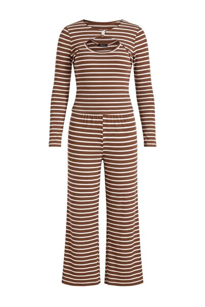 Trendyol Collection Brown Viscose Blended Striped Viscose Ribbed Knitted Paja...