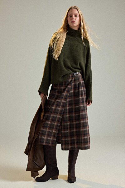 Trendyol Collection Fusta de iarnă din flanel în carouri maro TWOAW27ET00103