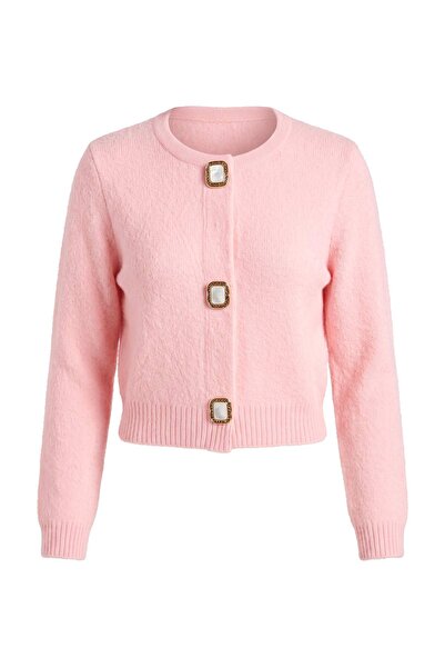 Trendyol Collection Powder Soft Textured Crew Neck Jewel Buttoned Knitwear Ca...