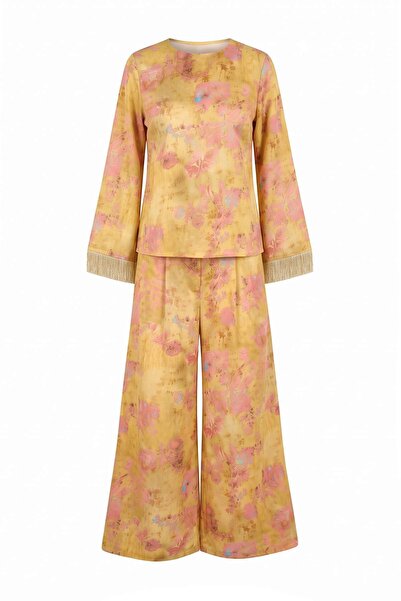 Trendyol Modest Set de top și pantaloni cu model din satin galben - TCTAW27US...