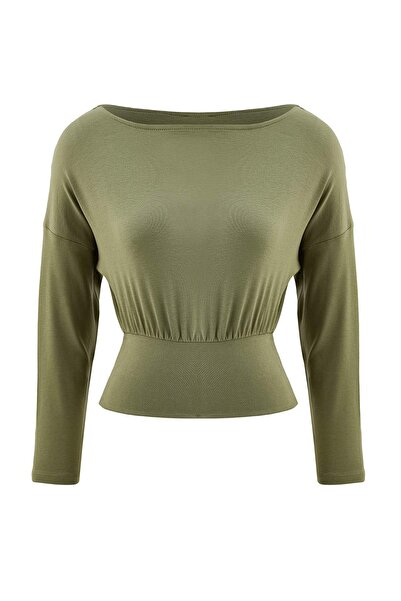 Trendyol Collection Khaki Fitted/Body-Fitting Boat Neck Long Sleeve Soft Knit...