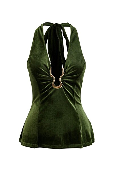 Trendyol Kollektion Khakifarbene Bluse mit Neckholder-Ausschnitt und Samtdeta...