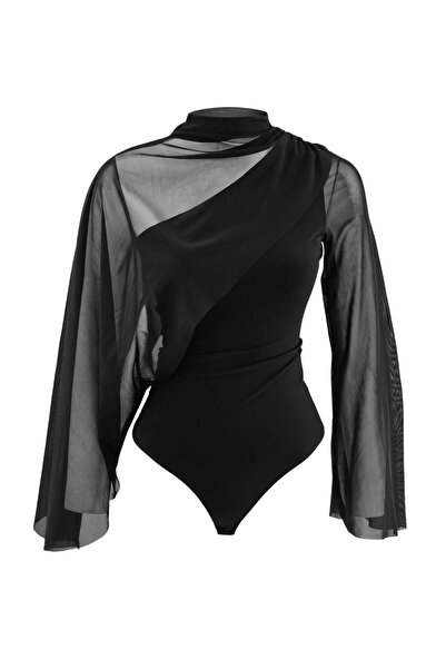 Trendyol Collection Black Cape Sleeve Detailed High Neck Tulle Bodysuit Tpraw...