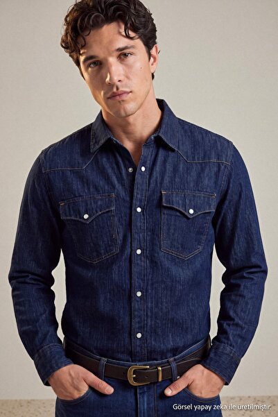 Trendyol Collection Cămașă din denim pentru bărbați, albastru noapte, cu buzu...