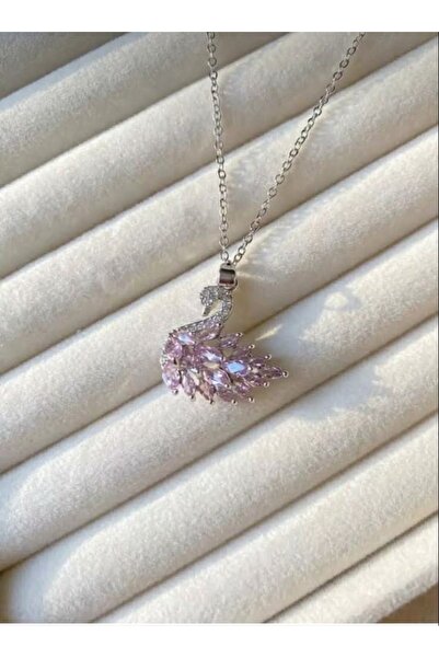 Miyoste Pembe Kuğulu Pink Swan Taşlı Çelik Kolye