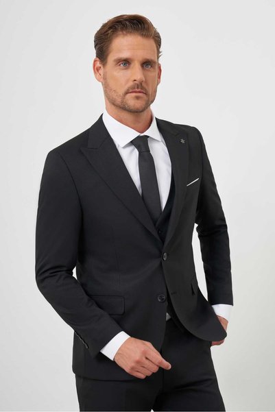 Morven Erkek Siyah Poliviskon Basic Yelekli Jakar Desen Slim Fit Sivri Yaka T...