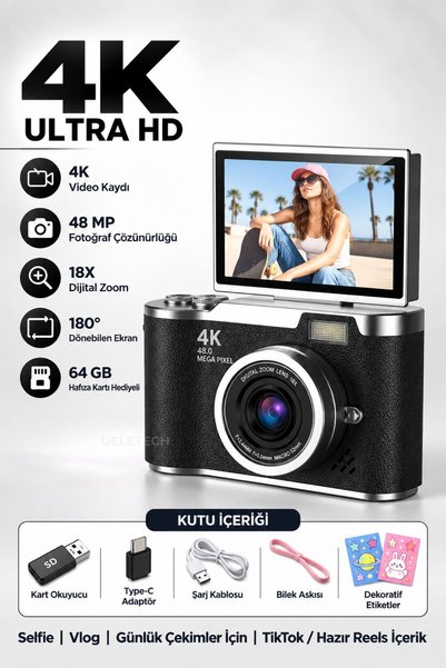 4K Dijital Fotoğraf Makinesi 48MP | 180° Flip Ekran | 18X Dijital Zoom | Dahili Flaş | 64GB Hafıza Kartı Hediyeli | Türkçe Menü - SİYAH