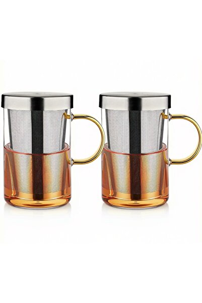 Home Zone Glass Tea Cups with Stainless Steel Strainer Lid, Set of 2, Transpa...