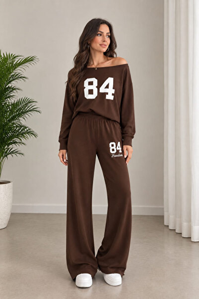 ruyaguneyboutique Kayık Yaka İspanyol Paça Kahve Takım