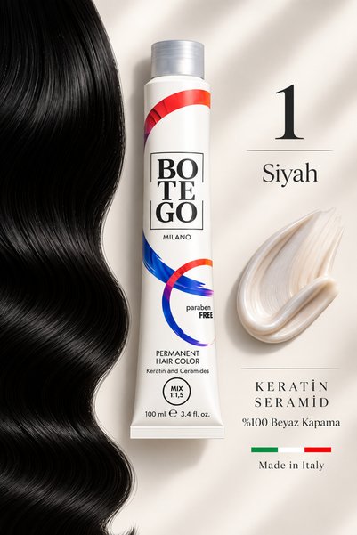 botegohair Profesyonel Kalıcı Krem Saç Boyası - 1 Siyah - 100 ml – Keratin ve...