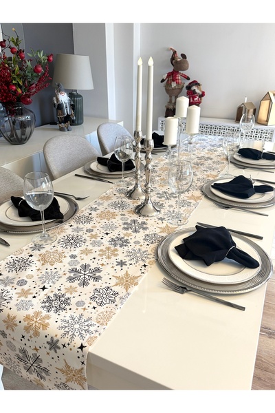 Decamor home New Year Themed Ecru / Black Runner Christmas Table New Year's T...