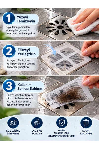 Genel Markalar 3 Adet Gider Kapatıcı Pislik Tutucu Kendinden Yapışkanlı Banyo Gider Kapağı Çok Amaçlı Çelik Bant