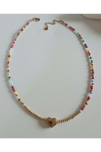 ACAR TAKI Colorful Beaded Heart Steel Necklace 40+5Cm-Gold Color Acr6064