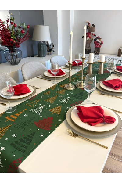 Decamor home Yeni Yıl Temalı Ağaç Desenli Yeşil Runner Yılbaşı