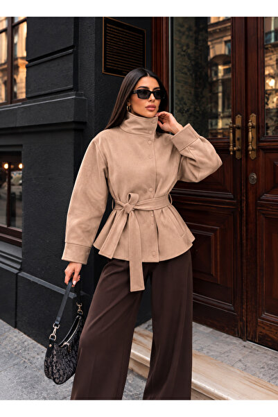timagna Women's Stand Collar Suede Look Belted Short Jacket