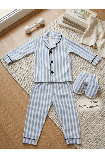 Maison Beca Erkek Bebek Çocuk Mavi Beyaz Çizgili Pamuklu Pijama Takımı - Terl...