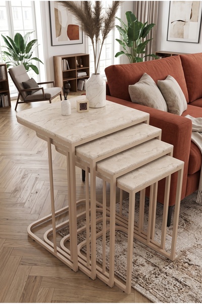 home plus mobilya 4-Wheel Zigon Coffee Table with Cream Legs and Travertine Top