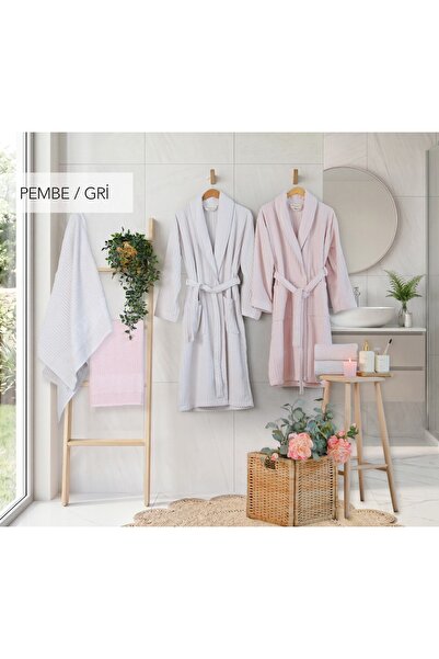 İyi Geceler İstanbul Soft Linen Family Bathrobe Set Pink-Light Gray