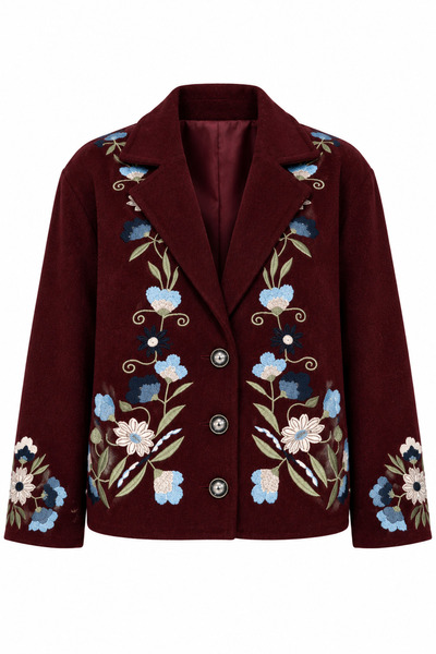 la polario Love Letter Women's Floral Embroidered Premium Cashmere Burgundy Jacket
