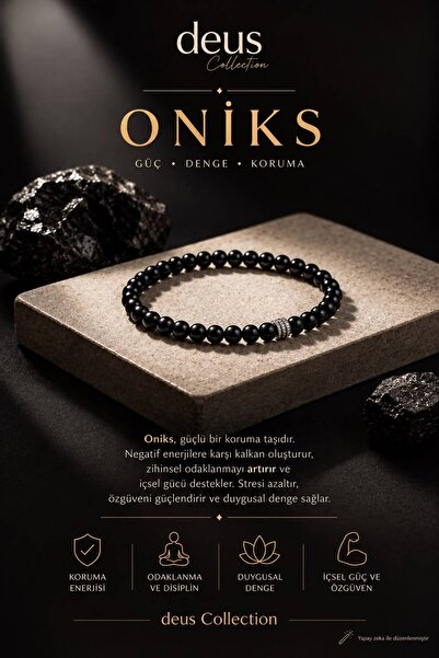 Deus Collection Oniks Doğaltaş Bileklik Siyah Doğal Taş Unisex Erkek Kadın Bi...