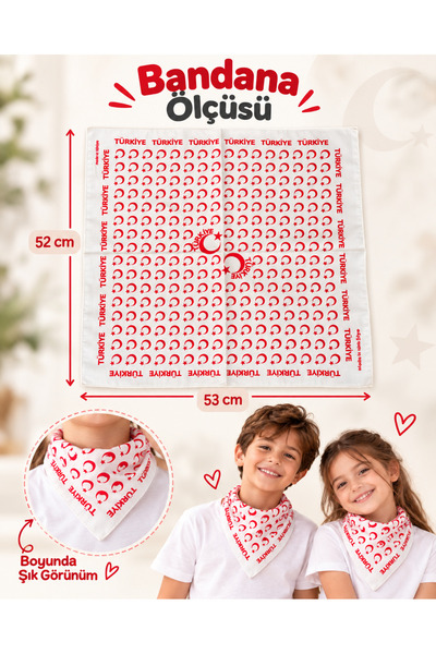 Peonia Kids Red Scarf Bandana with Turkish Flag and Turkey Written Unisex 52*53 cm