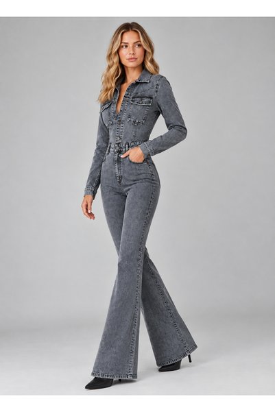 SHEVEGA Kadın Kar Siyah Ceket Formlu Uzun Kollu Esnek Denim Flare İspanyol Paça Tulum