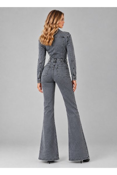 SHEVEGA Kadın Kar Siyah Ceket Formlu Uzun Kollu Esnek Denim Flare İspanyol Paça Tulum