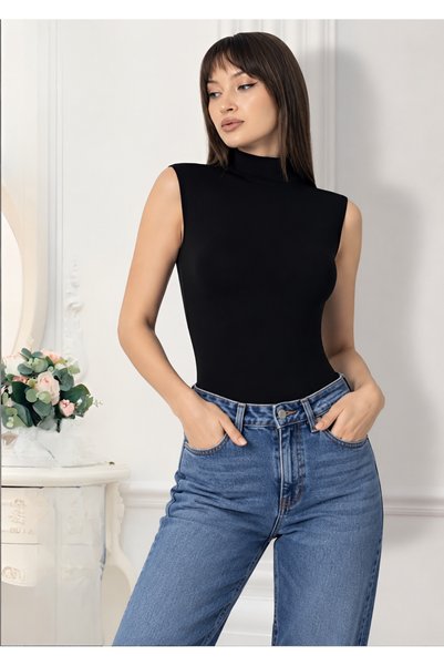 Altınay Women's 5-Piece Black Sleeveless High-Neck Snap-On Bodysuit - Half Turtleneck, 90% Cotton Basic Set