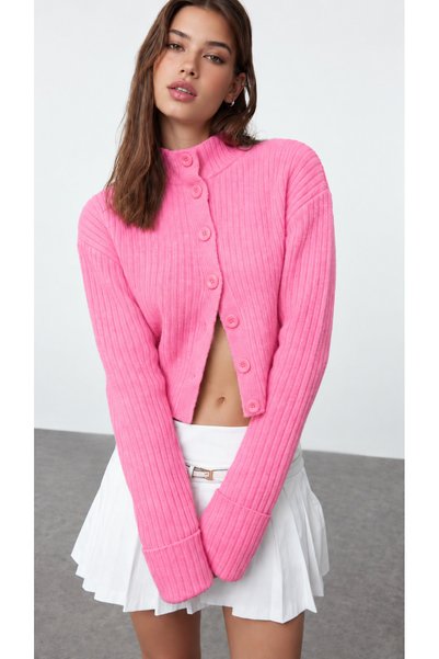 MAİSON VELORA Kadın Pembe Basic Crop Yumuşak Dokulu Dik Yaka Triko Hırka-27AJ001