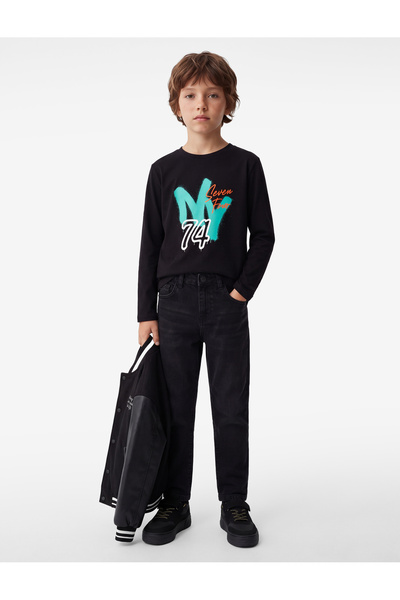 Koton Printed Cotton Crew Neck Long Sleeve T-Shirt