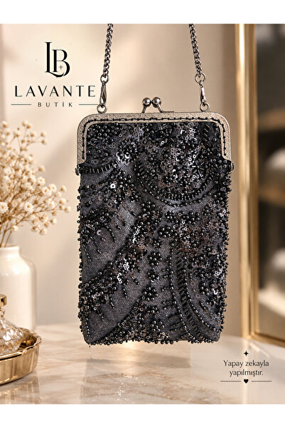 lavante butik kendini özel hisset Kadın Siyah Uzun Zincir Askılı Taşlı Mini P...