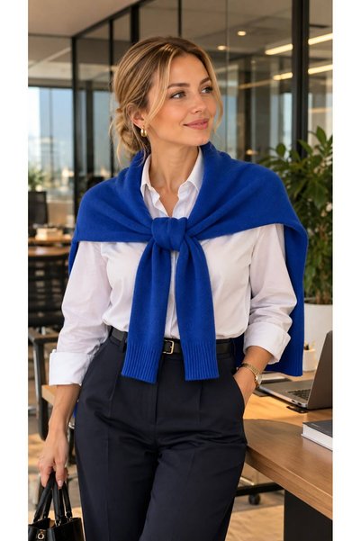 MARBERRY Cobalt Blue Soft Textured Knitwear Tie-Up Sweater Shawl 50X65 cm