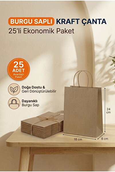 Kıtchera Home 25 Adet Burgu Saplı Kraft Çanta Küçük Boy Alışveriş Hediye Pake...