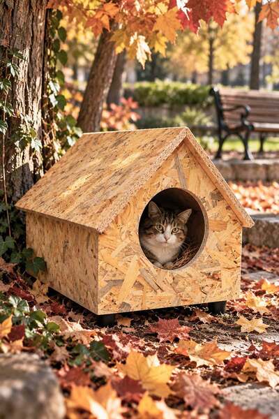 Reyo Yetişkin Kedi Evi Dış Ortama Uygun Ahşap Kedi Evi OSB, Kedi Barınağı 55x...