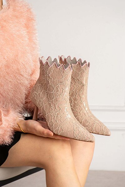 dabab shoes MONA Cizme de damă din dantelă pudrată, brodate, cu vârf ascuțit,...