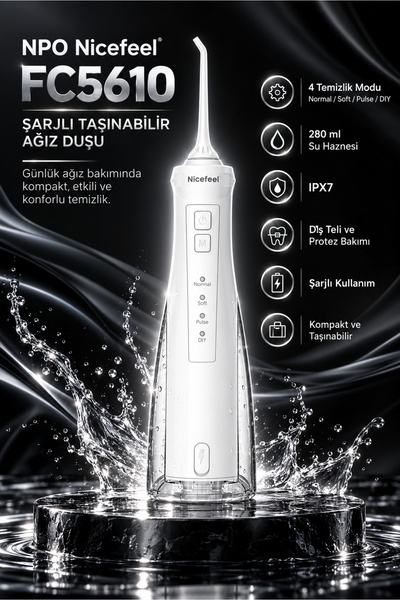 NPO Nicefeel FC5610 Şarjlı Taşınabilir Ağız Duşu 4 Modlu 280 ml IPX7 Diş Teli...