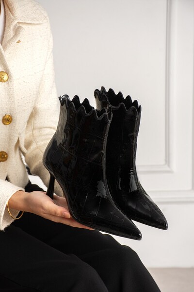 dabab shoes Carmen Women's Black Crocodile Patent Leather Pointed Toe Zippere...