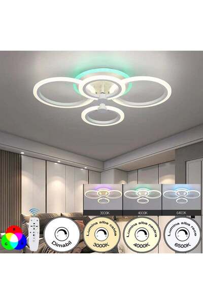 LightPlanet Plafonieră LED RGB cu 4 inele, reglabilă, control prin WiFi și te...