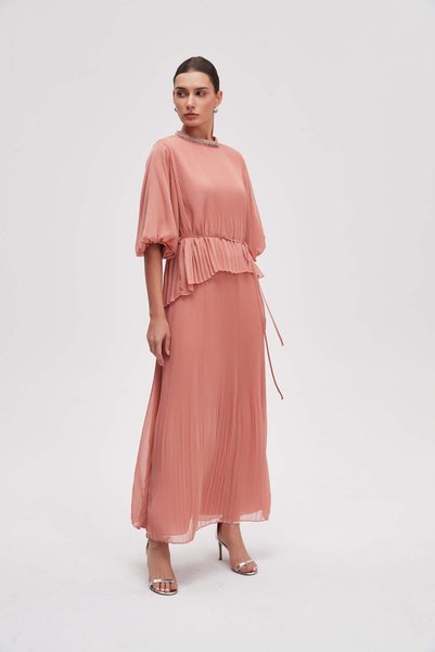 Livia 3/4 sleeve plain ruffled maxi dress